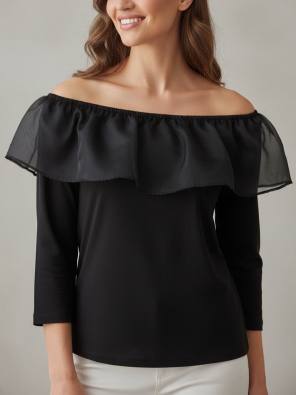J. CREW Party Holiday Black Off-Shoulder Organza Ruffle Bracelet SLV Blouse SZ L